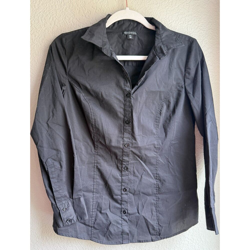 George Black Fitted Button Down Shirt Small 4-6 Stretch Long Sleeve